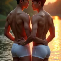 Two naked men kissing photorealistic masterpiece best quality