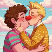 Illustration of two cartoon men kissing. One wears a red clown nose and striped shirt the other wears an orange sweater. on Craiyon