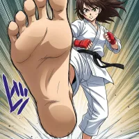 Manga style illustration of a karate girl kicking towards the viewer with a large bare foot in the foreground. on Craiyon