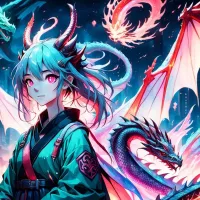 masterpiece best quality Anime:1.4 pastel anime dragon Asia girl slime fire look shimmering lights dragon in background whirls of...