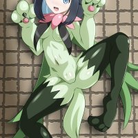 heigani rovesuke liko pokemon meowscarada nintendo pokemon pokemon anime pokemon horizons highres blue eyes blue hair breasts claws cosplay feet formal clothes hair ornament hairclip legs lying meowscarada cosplay navel on...