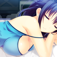 big boobs blue hair boobs lying on front cleavage K-ko Courreges Ace no bra anime girls anime sleeping Game CG Watashi ga Suki nara Suki tte Itte! Goshogawara Yuuki