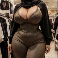 A woman in a black hijab is posing in a store