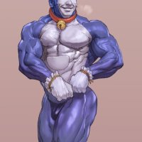 mogudan doraemon character doraemon 1boy bell blue panties blue skin collar colored skin male focus manly muscular neck bell panties parody pectorals simple background solo takecopter underwear what