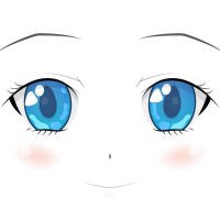 gelukkig anime-gezicht. manga-stijl grote blauwe ogen kleine neus en kawaii mond. hand getekende vectorillustratie. geïsoleerd op wit. 8126820 Vectorkunst bij Vecteezy