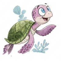Een Schildpad In Cartoonstijl Met Roze En Paars Lichaam Grote Expressieve Blauwe Ogen Schild Met Groen Patroon Dat Aan Het Zwemmen Is En Zijn Flipperachtige Ledematen Laat Zien Lachend Gezicht Tegen Transparante