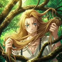 Anime character with long blonde hair tangled in tree branches in a lush green forest. on Craiyon