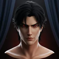 A 3D anime portrait of a man with black hair chiseled face and red eyes against a dark background. on Craiyon