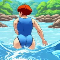 an unkown character from behind swimming with big ass in a blue river cartoon