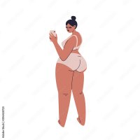 Attractive cartoon plus size girl stands in lingerie. A young woman photographs herself from behind. Female figure with big booty isolated. Vector stock illustration isolated on white background. Stock Vector