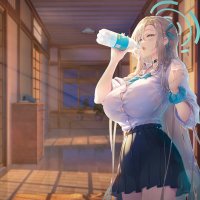 big boobs Akita Hika long hair schoolgirl hair in face blue eyes women indoors blonde anime anime girls Japan Blue Archive Asuna Ichinose photo manipulation drink school uniform indoors skirt frills edit
