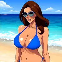 girl blue bikini swimsuit big breast on beach Cartoon