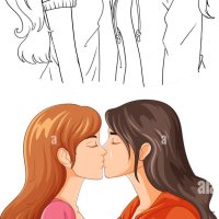 Lesbian couple cartoon kissing doodle outline illustration Stock Vector Image Art