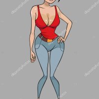 Cartoon sexy vrouw in jeans en een tank top met een diepe halslijn stockvector door Westamult 332637968