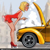 Sexy vrouw cartoon op zoek onder de motorkap van een auto stockvector door Westamult 195525726