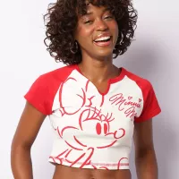 Camiseta Feminina Cropped Disney Minnie Manga Curta Raglan Off White