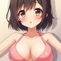 Make an anime drawing of a cute girl with big boobs