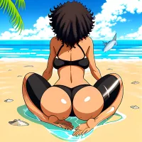 Animebeachrear viewcute girl brown skin black curly hair black bra black pantiescartoonhand