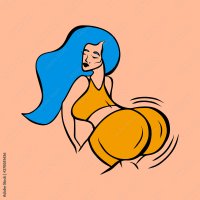 Stockvector Twerk dance girl. Beautiful cartoon woman character with blue long hair big booty. Vector illustration isolated on pink background. Design element for print sticker label logo card poster