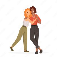 Stockvector Vector illustration happy cartoon lesbian couple isolated on white background. Same sex relationship lgbt family. Cute homosexual women standing together and hugging.