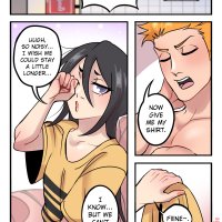 dangerousbride kuchiki rukia kurosaki ichigo bleach commentary english commentary highres 1boy 1girl artist name black hair breasts closed eyes comic english text hair between eyes long shirt love hotel one eye closed