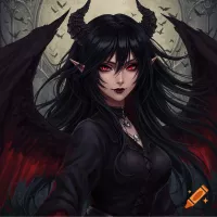 Anime illustration of a black-haired devil girl with horns fangs and wings. on Craiyon