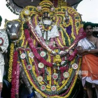 Lord Kumbeswarar with Goddess Mangalambigai in decorated Rishaba Vahanam places on the bank of the Mahamakham tank in Kumbakonam Tamil Nadu India Stock Photo