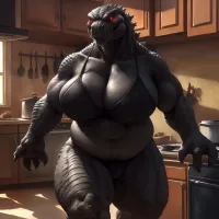 Godzilla monster in a kitchen with a stove and a sink