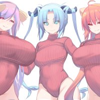 big boobs boobs huge breasts bursting breasts curvy red eyes succubus leotard sweater demon horns Monster Girl Quest anime thigh-highs horns anime girls aqua eyes Pixiv white background simple background bodysuit pointy