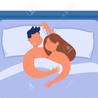 Happy Cartoon Paar Knuffelen In Bed Samen Na Sex. Intieme Scène Met Man En Vrouw In De Slaapkamer Seksuele Activiteit Platte Vector Illustratie. Liefde Romantiek Relatie Concept Voor Banner Royalty vrije SVG