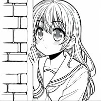 Manga-meisje kijkt nieuwsgierig om een muurook