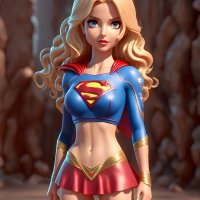 Stylized blonde female character in modern Supergirl costume.