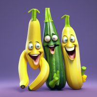 A fun threesome banana eggplant and zucchini cartoon facial expressions smiling banana zucchini and eggplant image created in Shedevrum