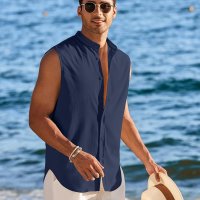 : COOFANDY Camisa sin mangas con botones para hombre camiseta de manga ancha para vacaciones playa sin arrugas azul marino Azul : Ropa Zapatos y Joyera