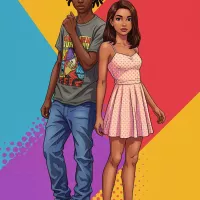 A cartoon of a Black teenage boy with dreadlocks and a Latina teenage girl with brown hair standing against a colorful geometric background. on Craiyon