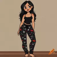 Cartoon girl standing in a black tank top and black pajama pants with patterns in a stylized art style. on Craiyon