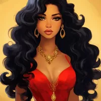 A Latina woman golden tan skin big dark brown eyes. has long curly black hair. very beautiful. wearing a red image created in Shedevrum