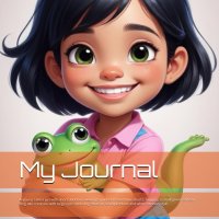 My Journal: A young Latina girl with short dark hair wearing a pink shirt and blue shorts hugging a small green cartoon frog-like creature with large...