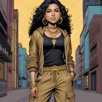 Marvel comic panel of a Latina woman golden tan skin big dark brown eyes. has long curly black hai