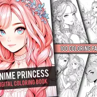 Anime Princess 100 pagina Cute Manga Fantasy grijswaarden kleurboek kleurplaten voor kinderen en volwassenen Instant Download afdrukbare PDF