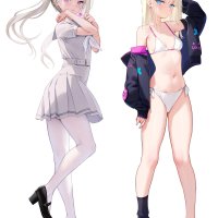 mignon hikikomori-chan mignon shiro mignon original black footwear commentary request highres 2girls bikini black jacket black socks breasts full body high heels jacket mary janes multiple girls navel neckerchief open clothes open