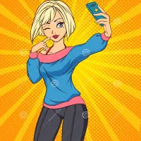 Sexy Cartoon Girl Neemt Selfie Aan Hand Getekende Vectorillustratie Pop-stijl Hand-tekenstijl Vector Illustratie