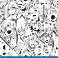 Black Vector Seamless Pattern with Manga Ahegao Face Emotion Hand-drawn Art for T-shirts Isolated on White Background Stock Vector