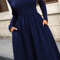 Vestido midi de manga larga con cuello en V y bolsillo vestido casual de unicolor azul