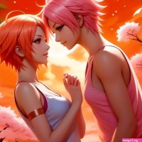 sakura haruno from naruto anime and misty from pokemon anime intimate touching as hot sleeveless lesbian couples Prompts
