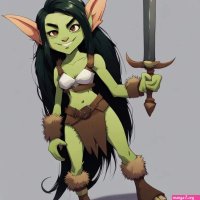 green skin black hair pointed ears cute skimpy green skin goblin cute anime full body barbarian fur coat leather fluffy hair...