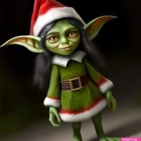 Gloomy anime green-skinned goblin girl dressed as Christmas elf on Craiyon