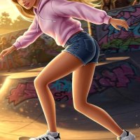 A stylized Barbie doll character with long blonde hair skates on a ramp in a vibrant skatepark at sunset wearing a pink hoodie and denim shorts. on Craiyon