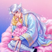 An anime character with long white hair holds a Barbie doll while sitting on a pink cloud. on Craiyon