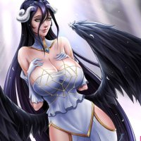 fantasy girl boobs big boobs huge breasts long hair wings fantasy art horns succubus yellow eyes Albedo OverLord Overlord anime